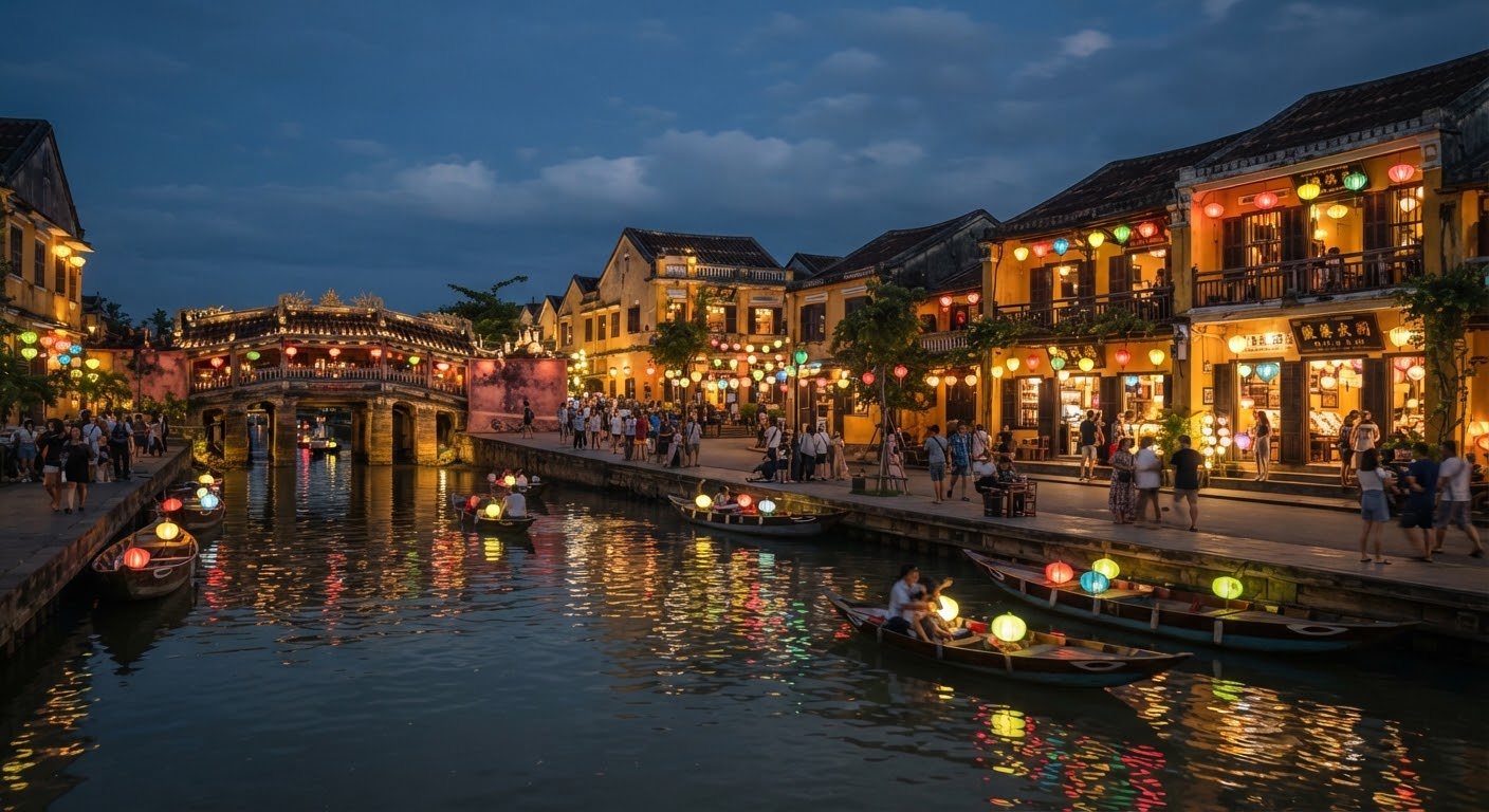 Lanterns reflected on the river in Hoi An at night