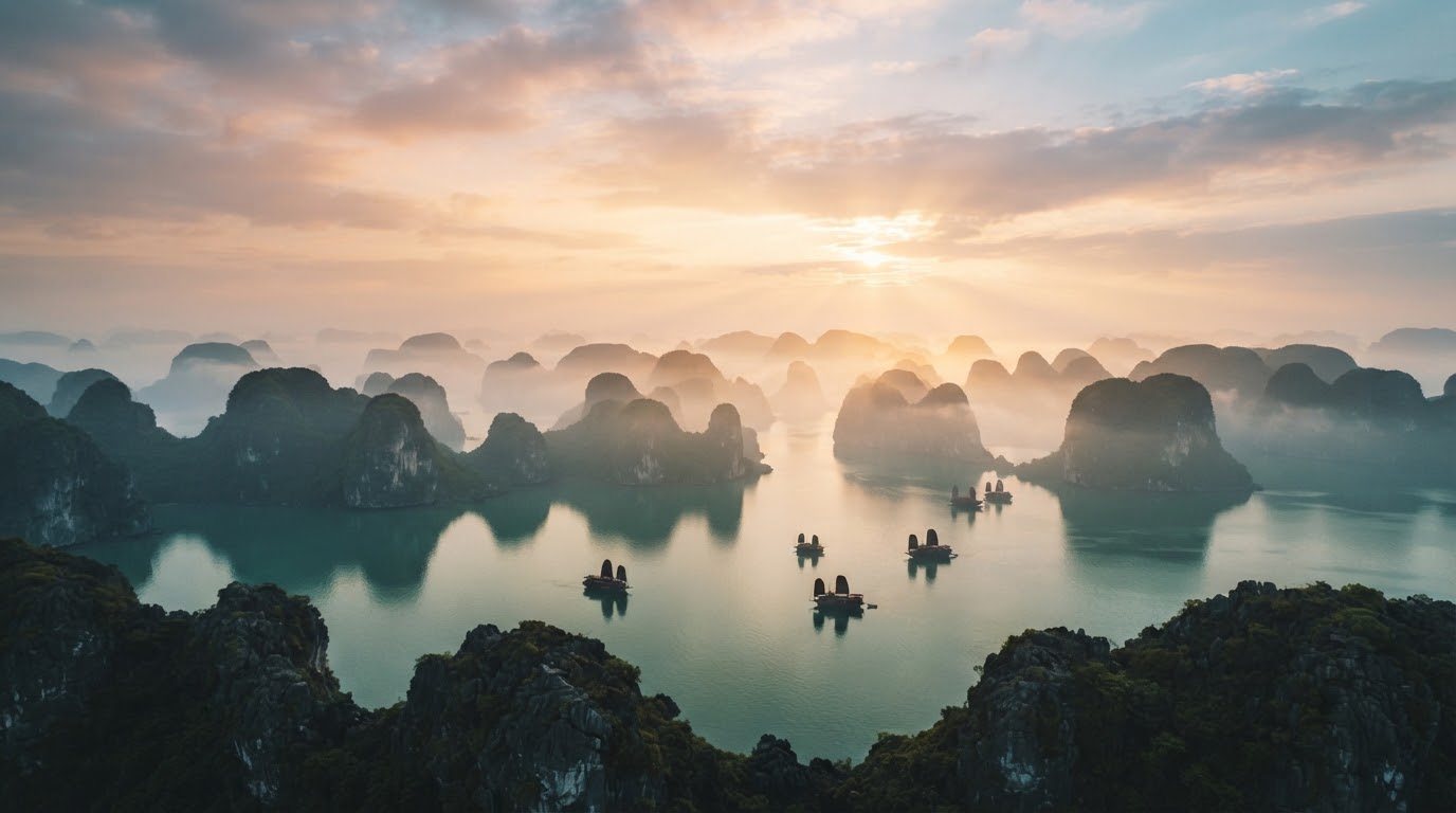 Misty limestone karsts in Ha Long Bay at sunrise
