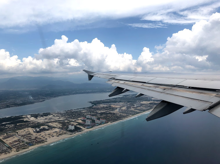 Aerial coastal view of Cam Ranh peninsula and turquoise waters of Bai Dai beach
