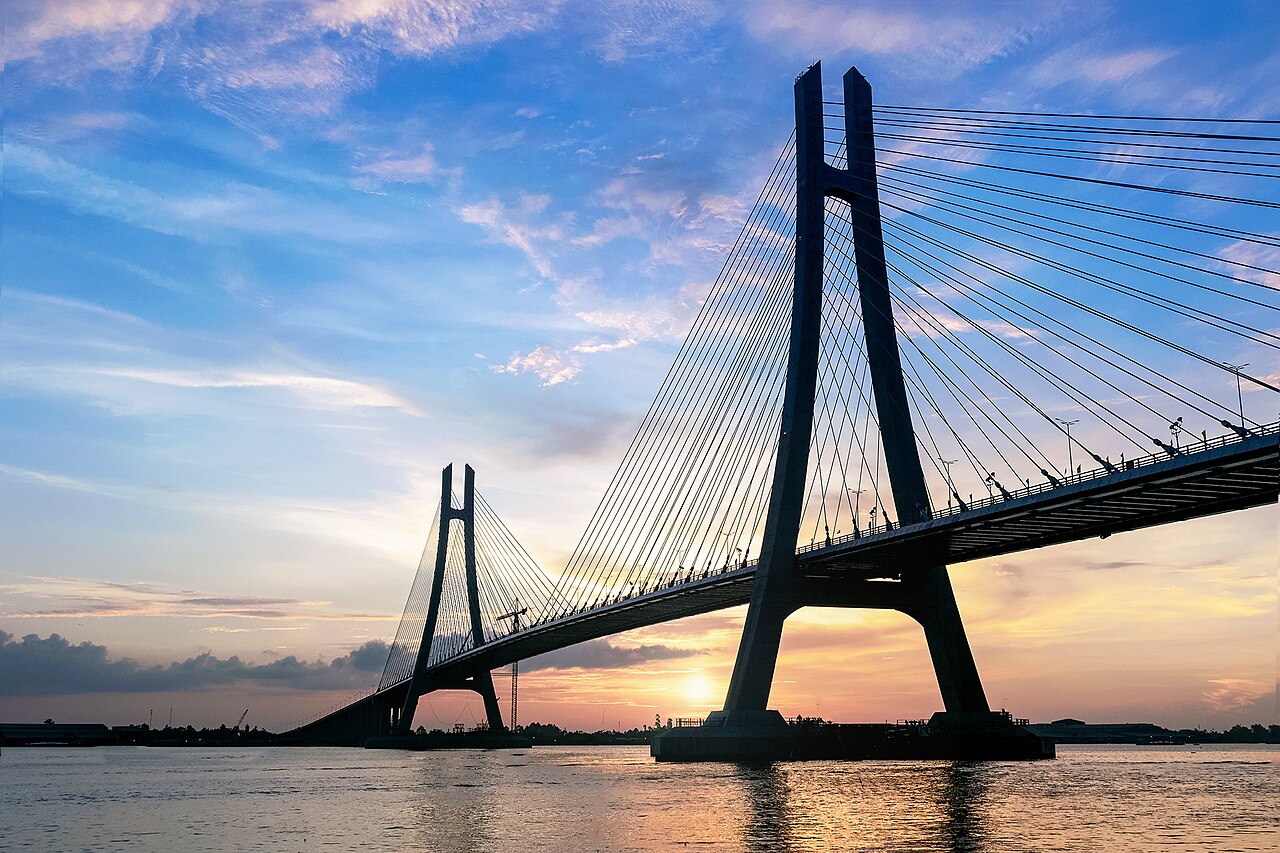 Sunset view of Vam Cong Bridge across the Hau River