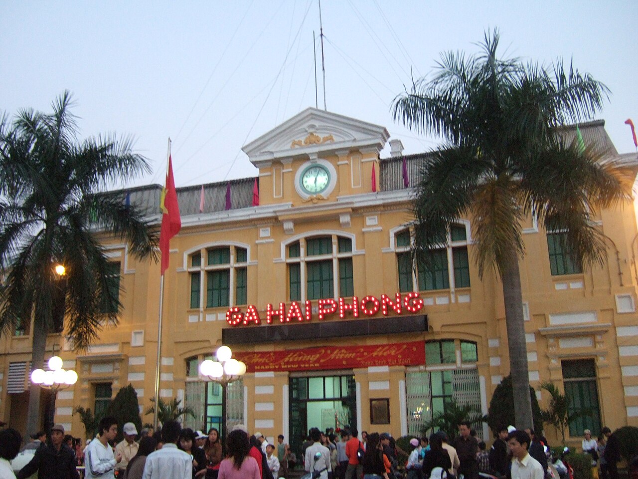 Hai Phong colonial railway station facade and passenger concourse
