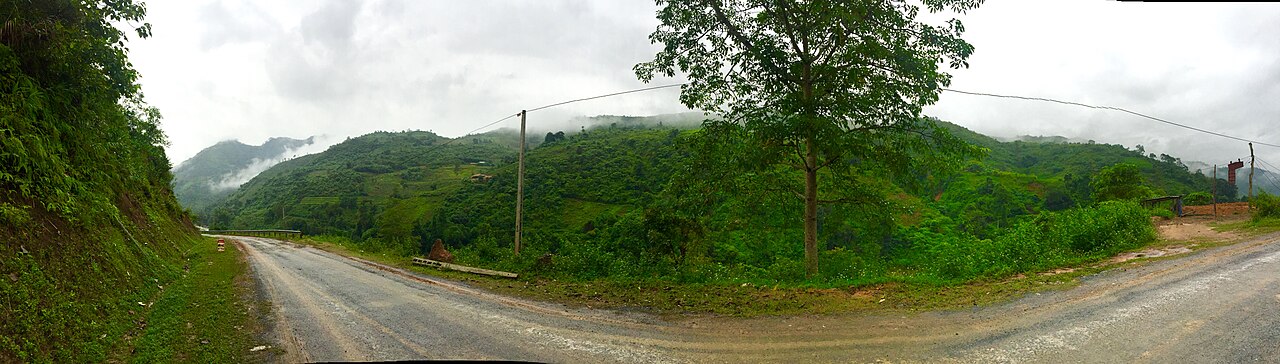 Scenic river valley and limestone mountain backdrop in Bao Lac district Cao Bang