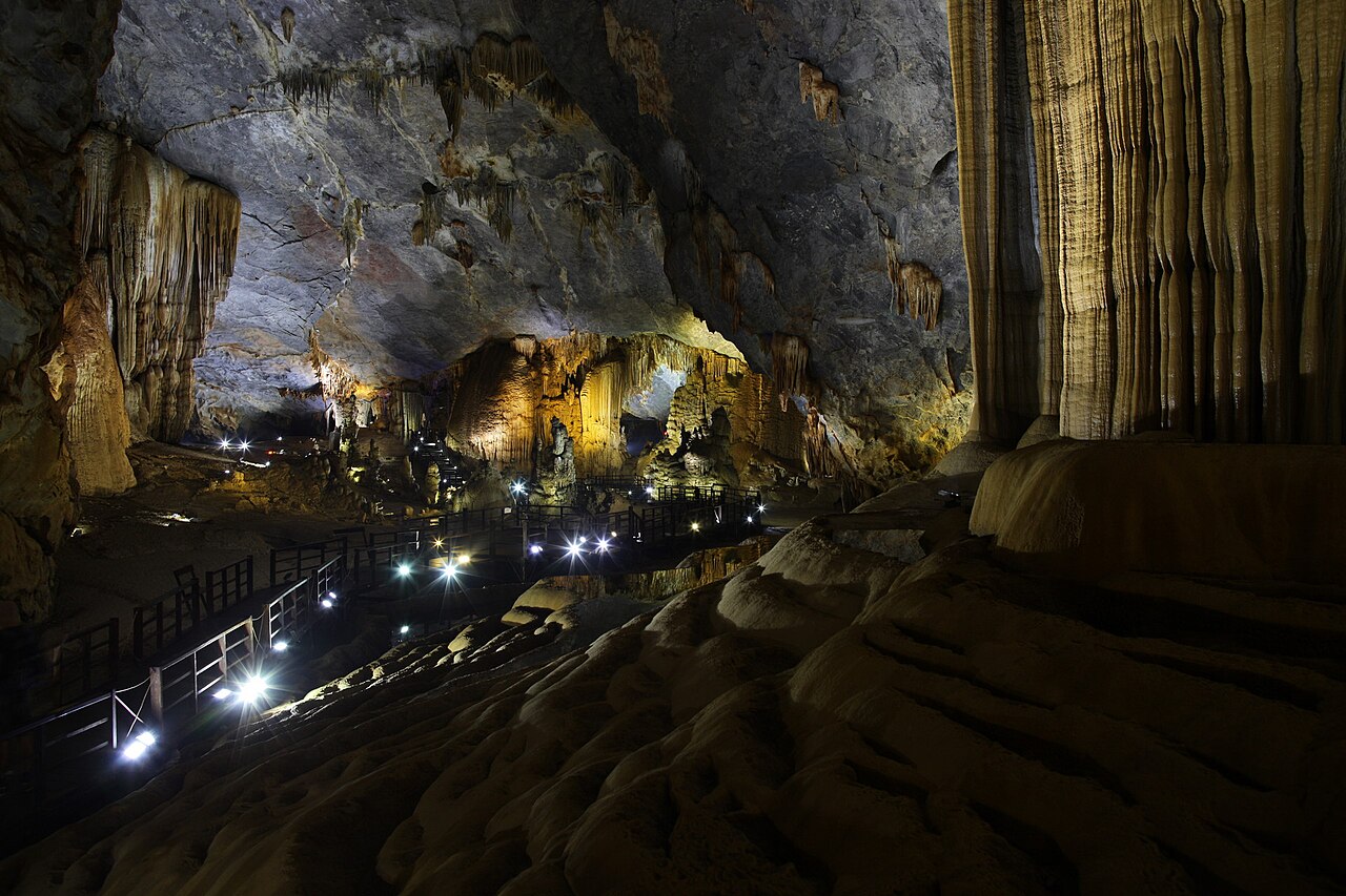 Towering crystalline stalactites and stalagmites inside Paradise Cave Phong Nha