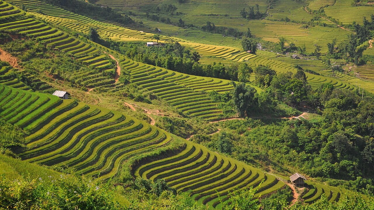 Panoramic mountain valley and town view across the hill station of Sapa